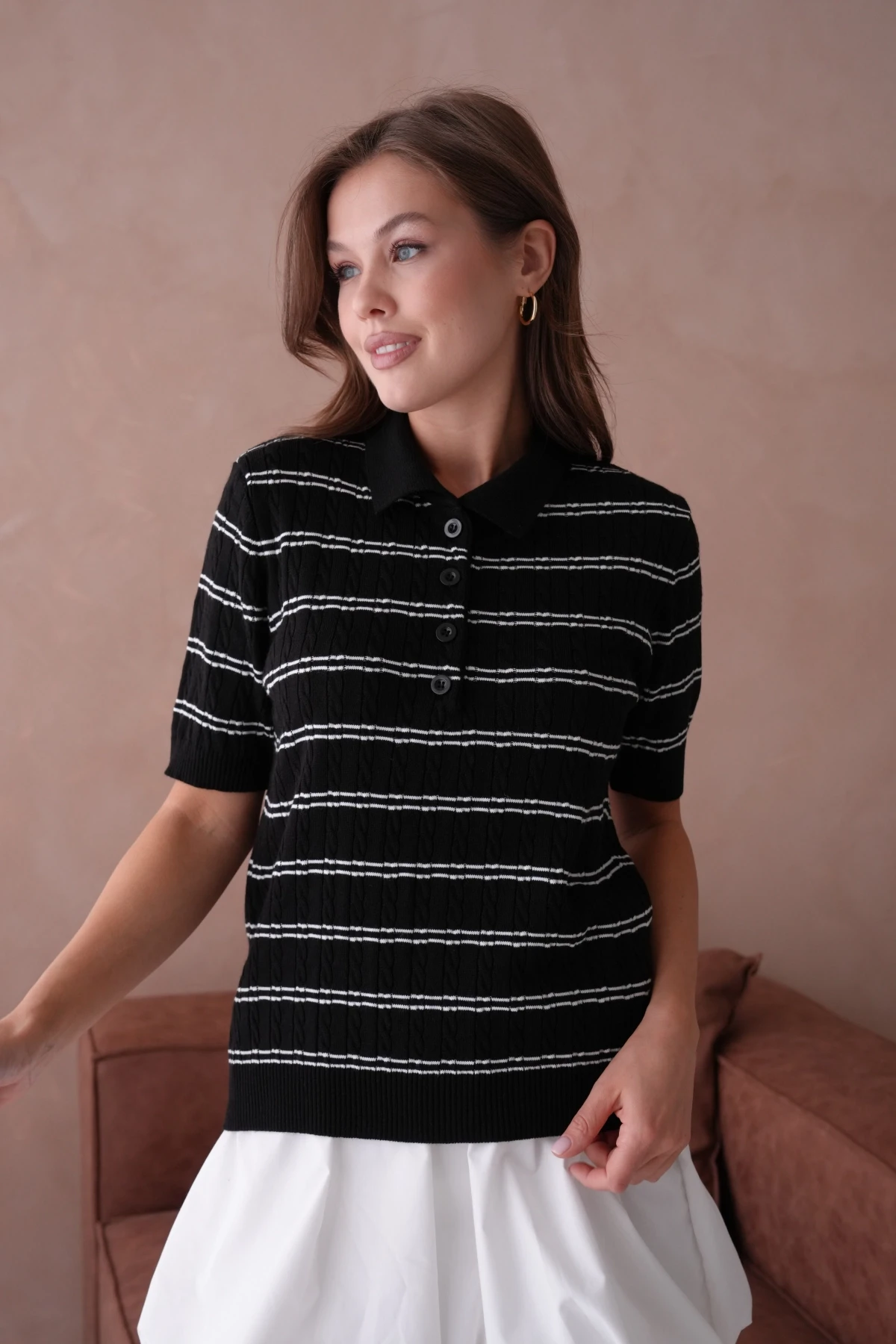 Polo Yaka Kısa Kol Desenli Polo Triko Kazak