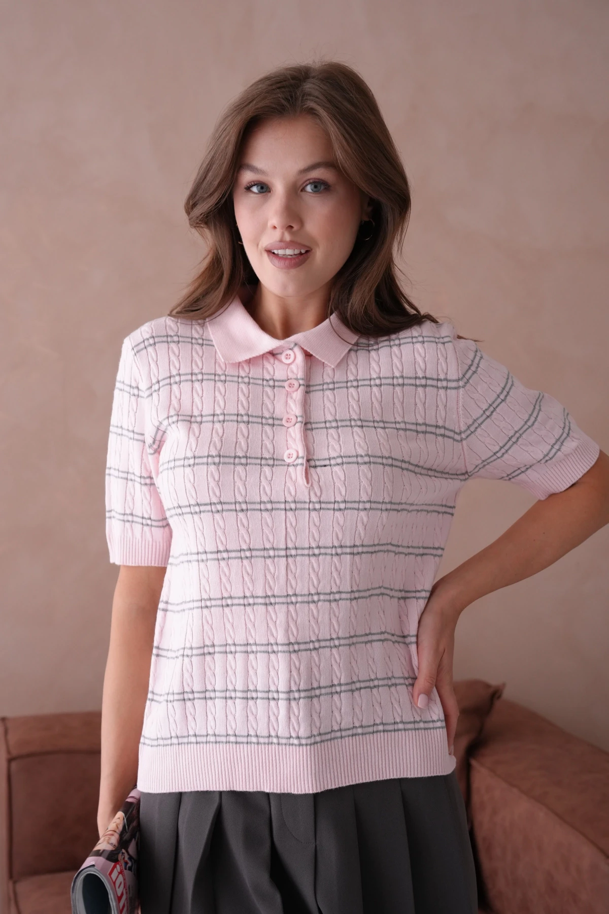 Polo Yaka Kısa Kol Desenli Polo Triko Kazak