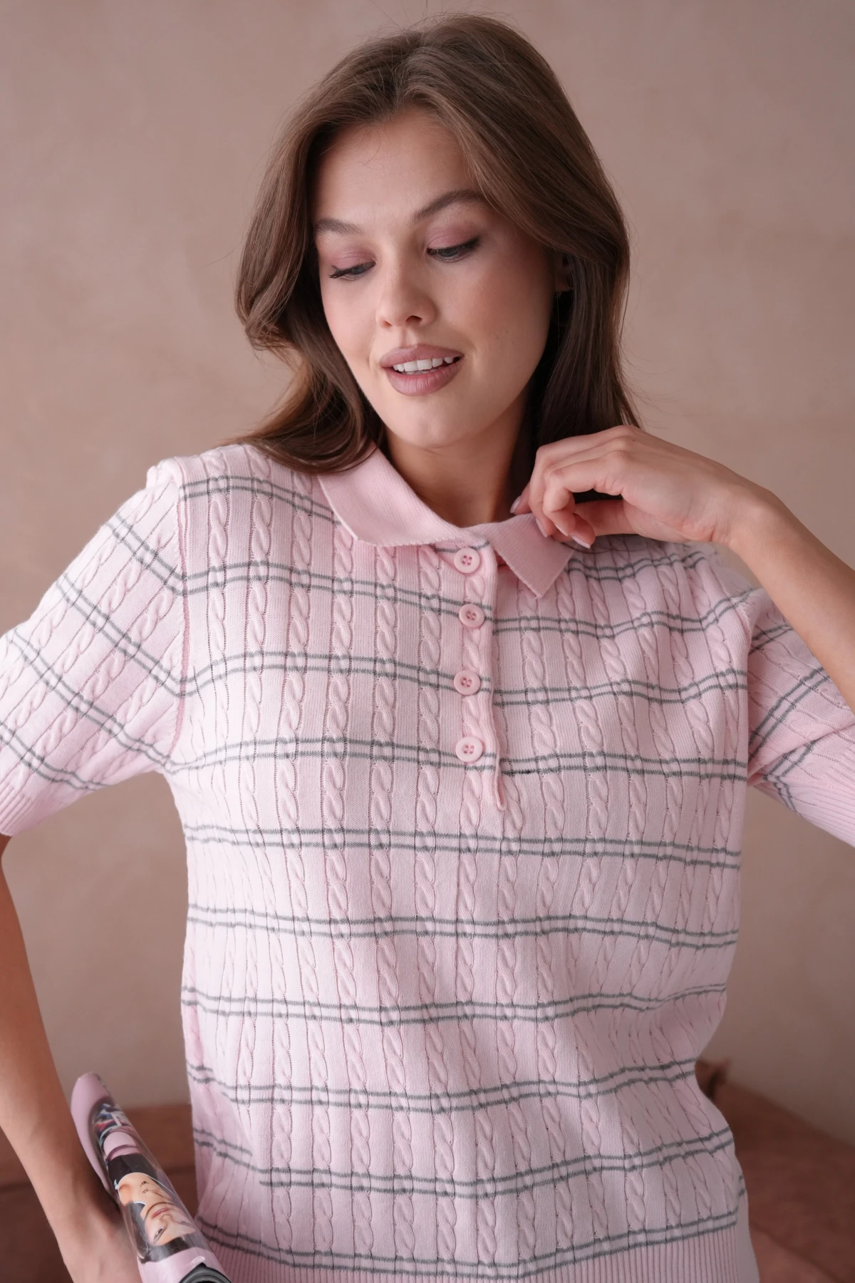 Polo Yaka Kısa Kol Desenli Polo Triko Kazak