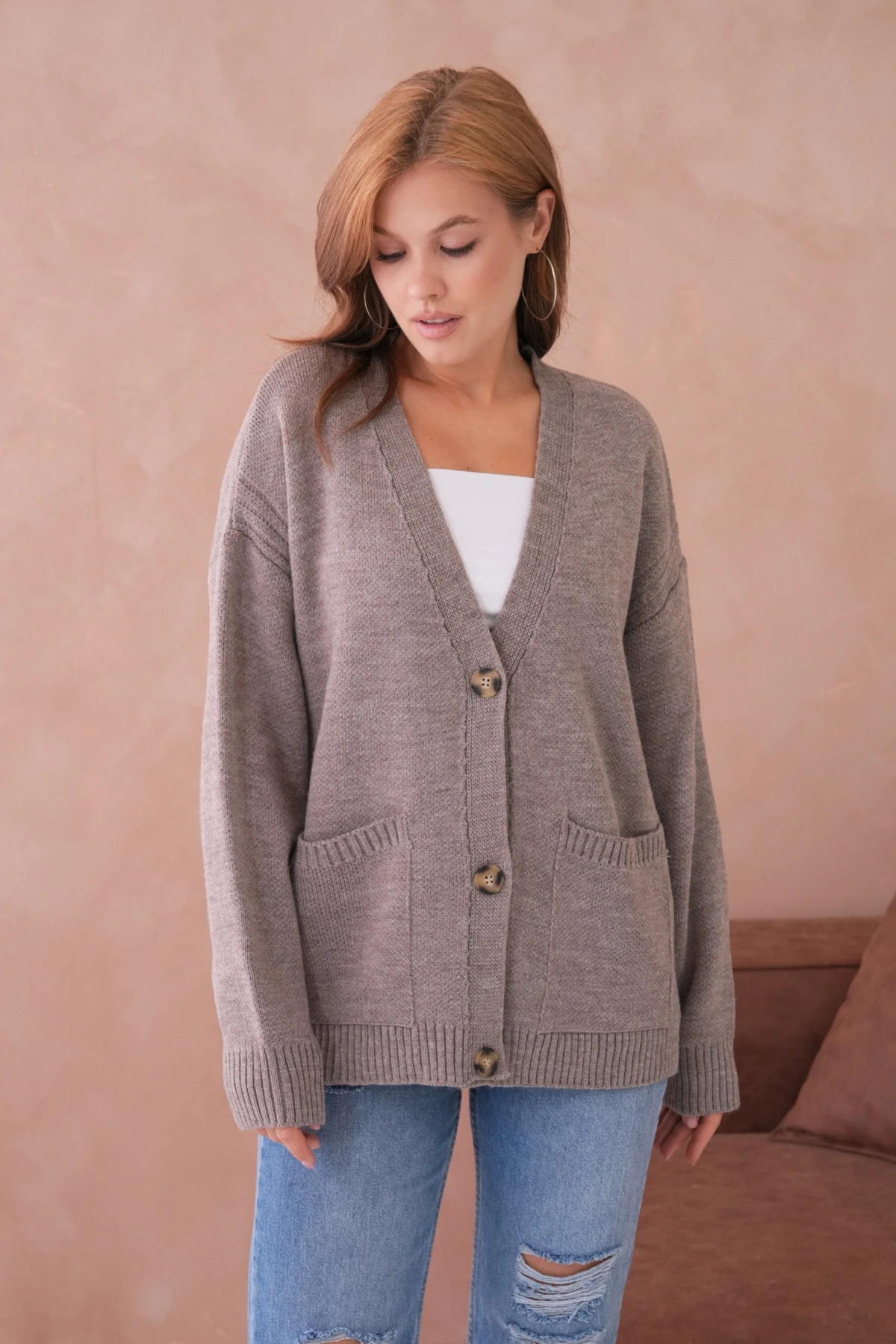 Kadın Açık Yaka Düğme Detay Oversize Triko Kazak