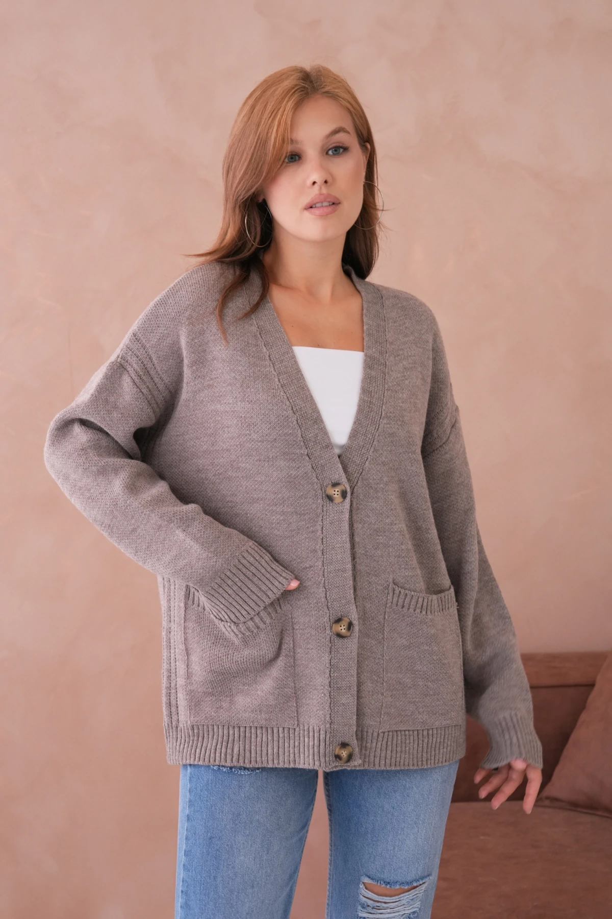 Kadın Açık Yaka Düğme Detay Oversize Triko Kazak