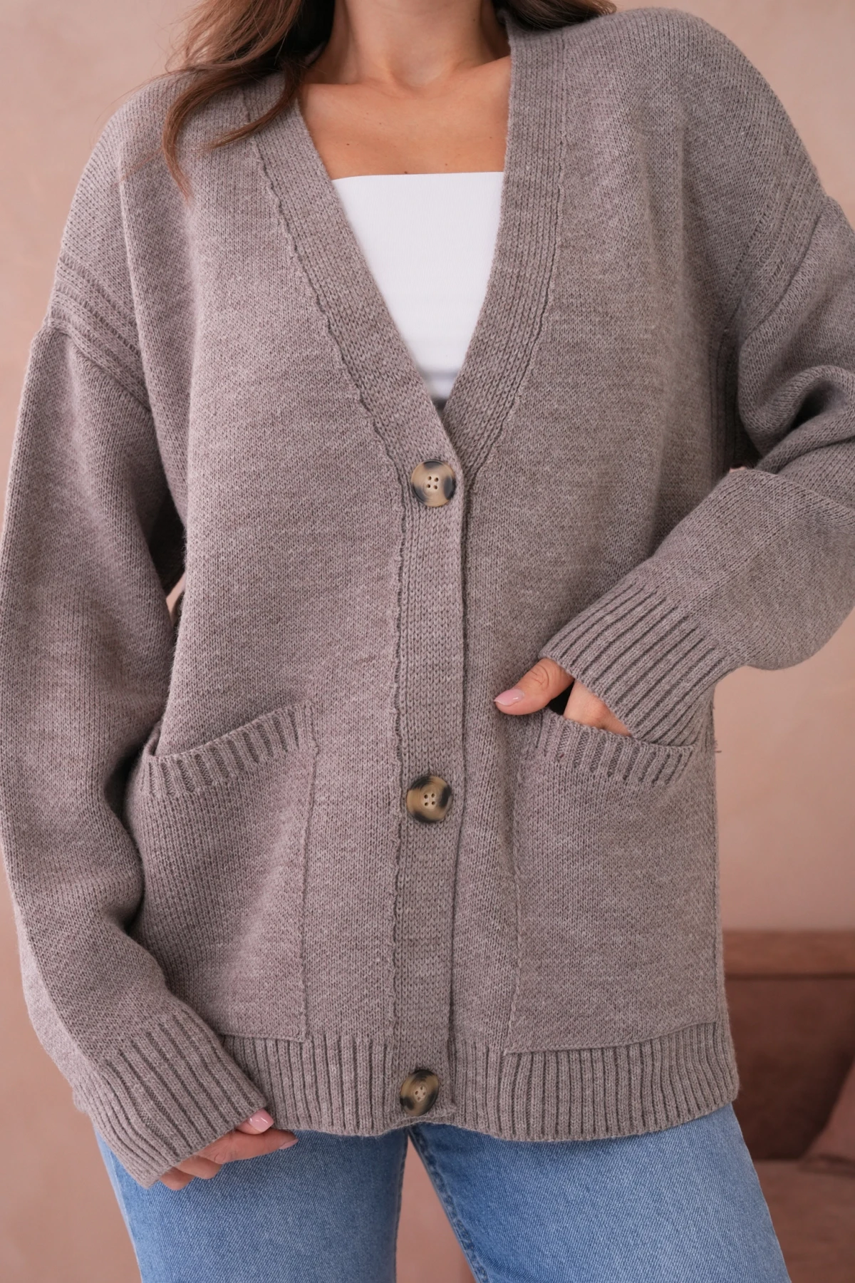 Kadın Açık Yaka Düğme Detay Oversize Triko Kazak