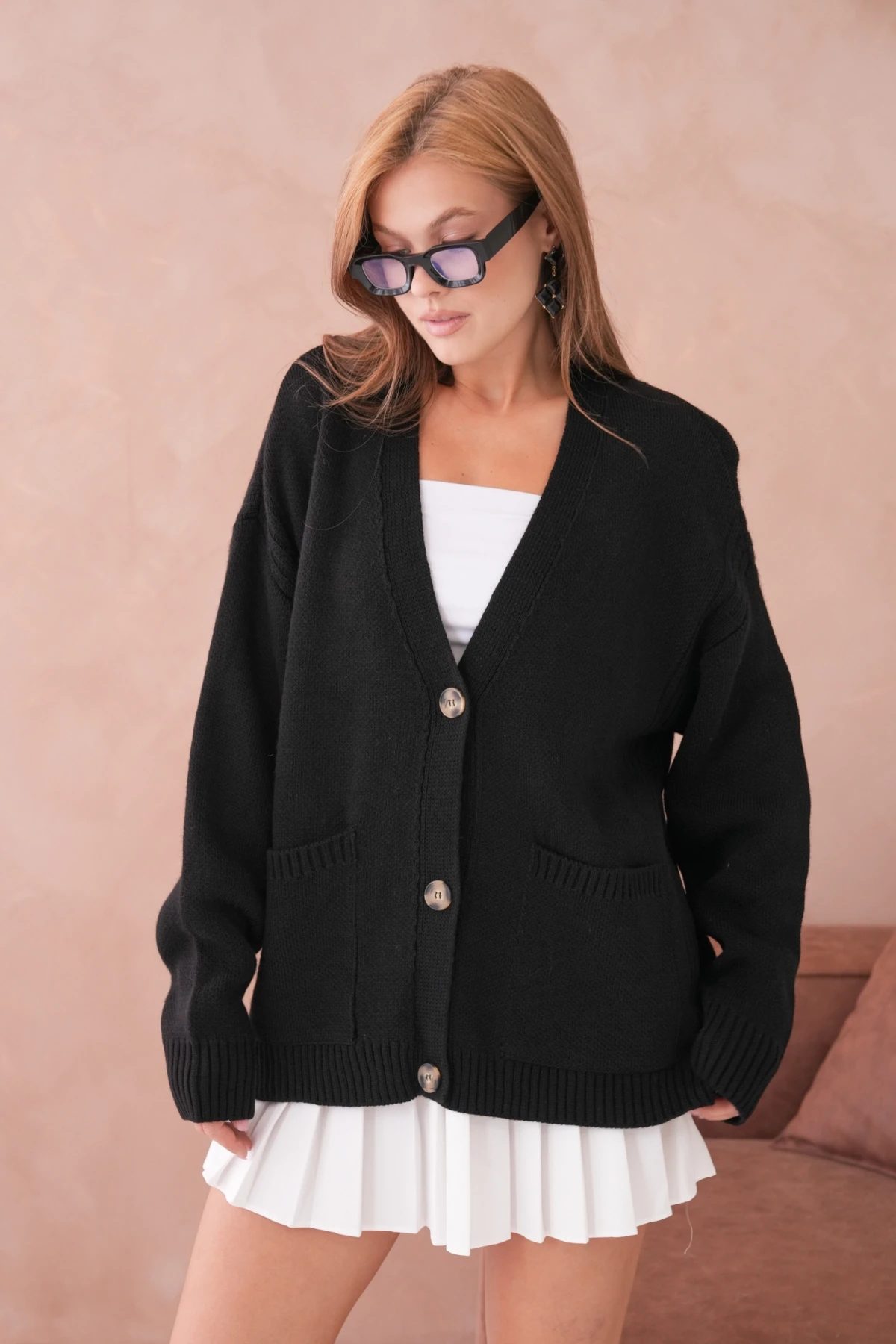 Kadın Açık Yaka Düğme Detay Oversize Triko Kazak