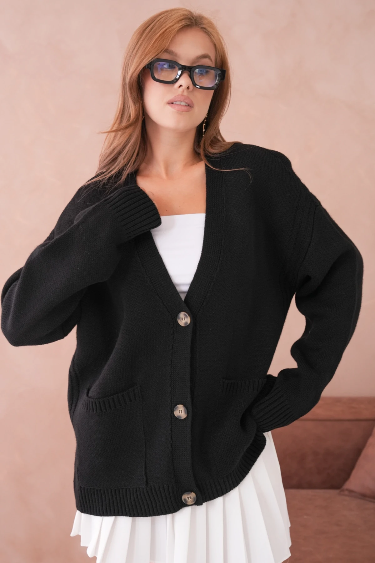 Kadın Açık Yaka Düğme Detay Oversize Triko Kazak