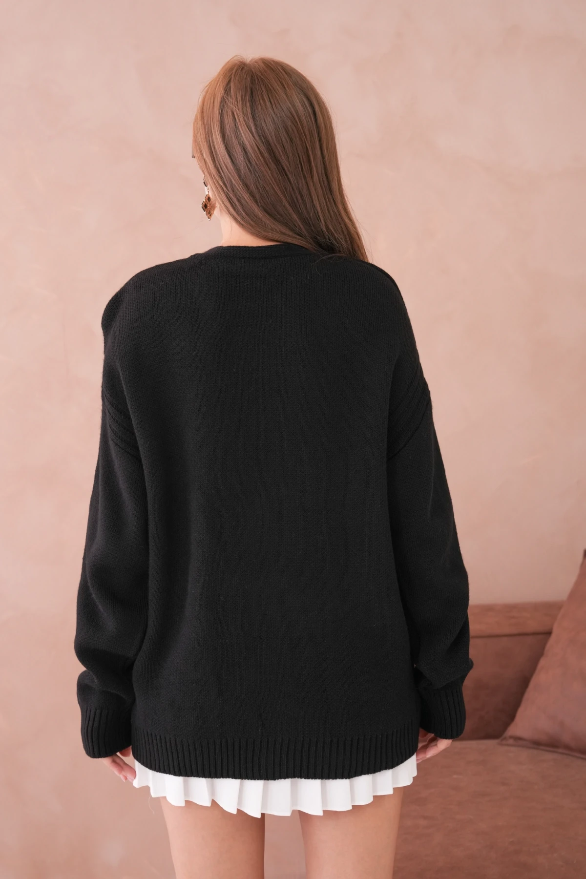 Kadın Açık Yaka Düğme Detay Oversize Triko Kazak