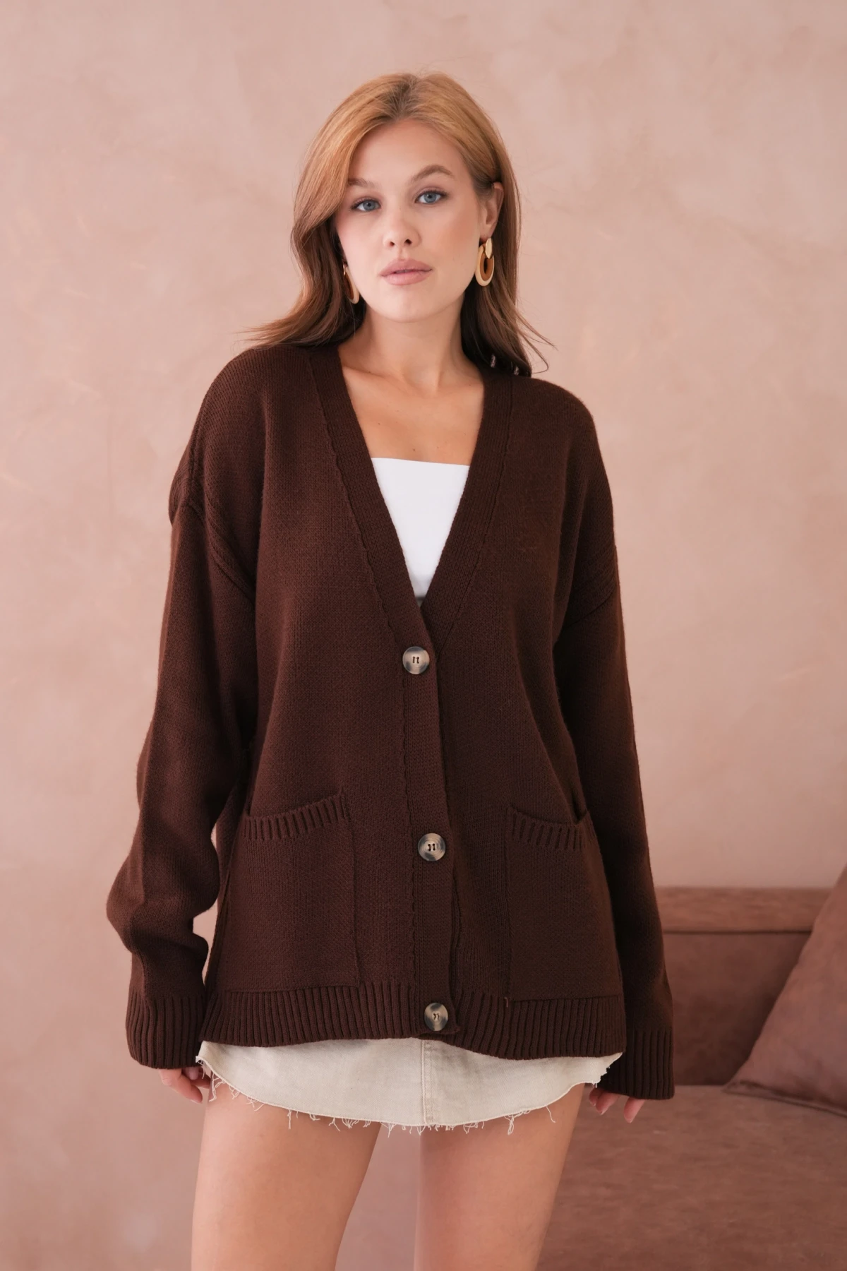 Kadın Açık Yaka Düğme Detay Oversize Triko Kazak