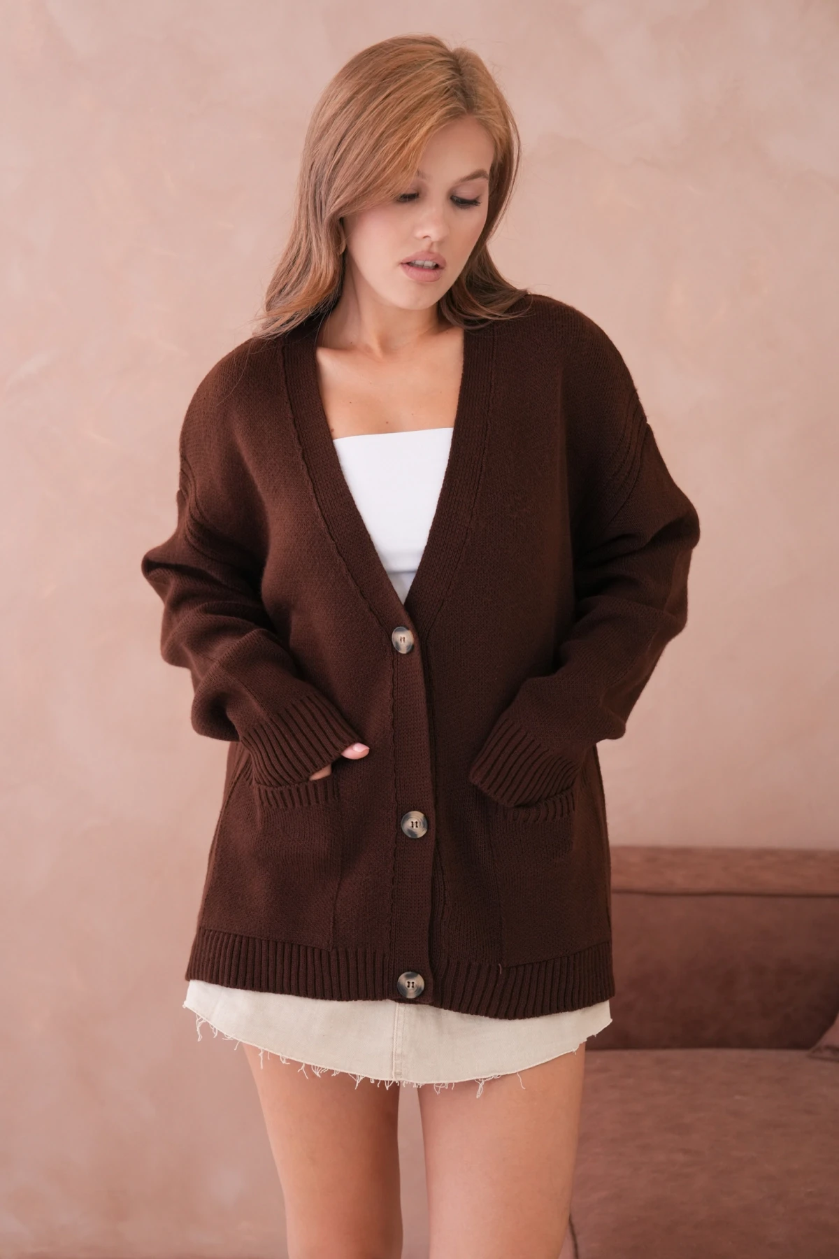 Kadın Açık Yaka Düğme Detay Oversize Triko Kazak