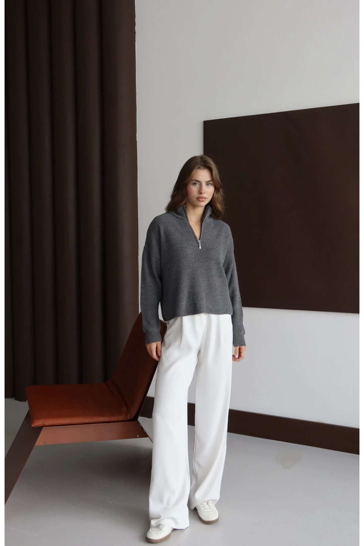 Kadın Antrasit Oversize Fermuarlı Basic Triko Kazak