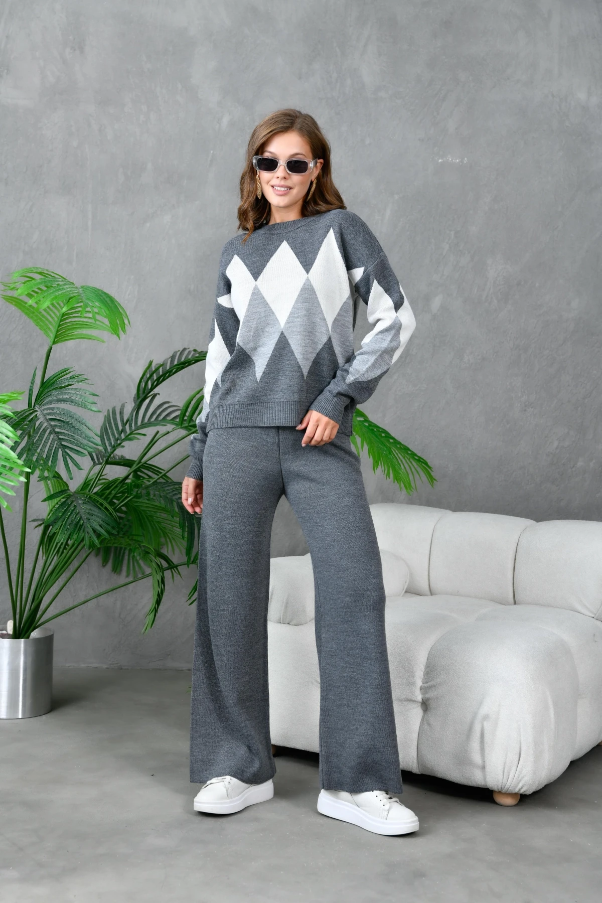 Kadın Antrasit Bisiklet Yaka Baklava Desenli Kazak Pantolon Triko Alt-Üst Takım