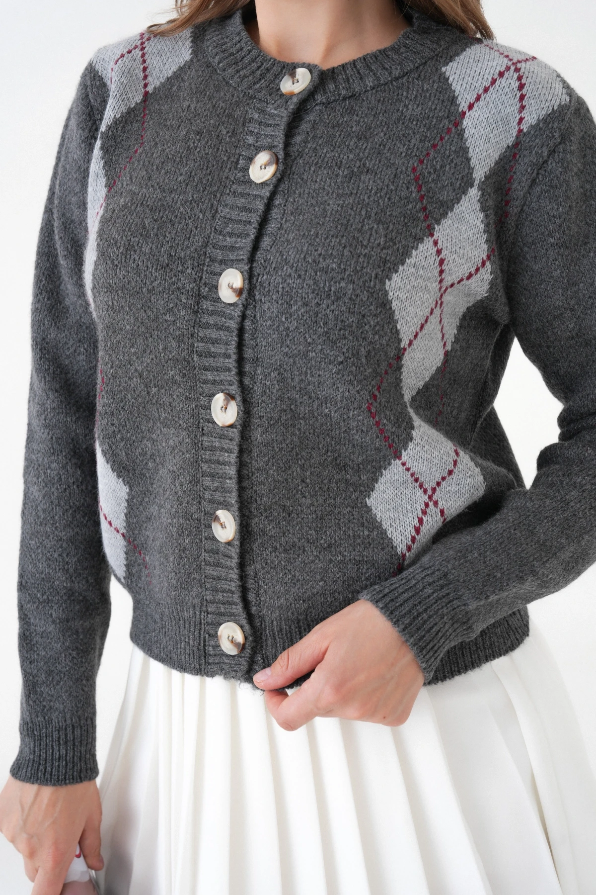 Kadın Antrasit Bisiklet Yaka Düğme Detay Desenli Triko Hırka