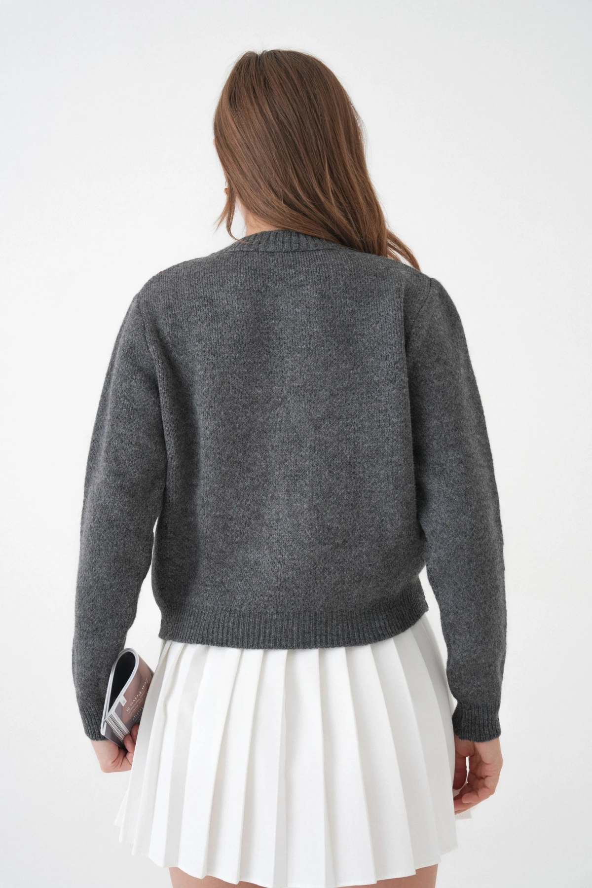 Kadın Antrasit Bisiklet Yaka Düğme Detay Desenli Triko Hırka