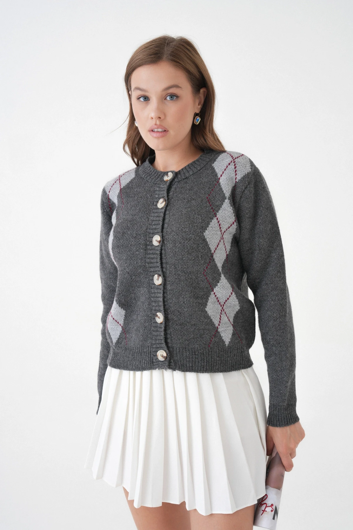 Kadın Antrasit Bisiklet Yaka Düğme Detay Desenli Triko Hırka