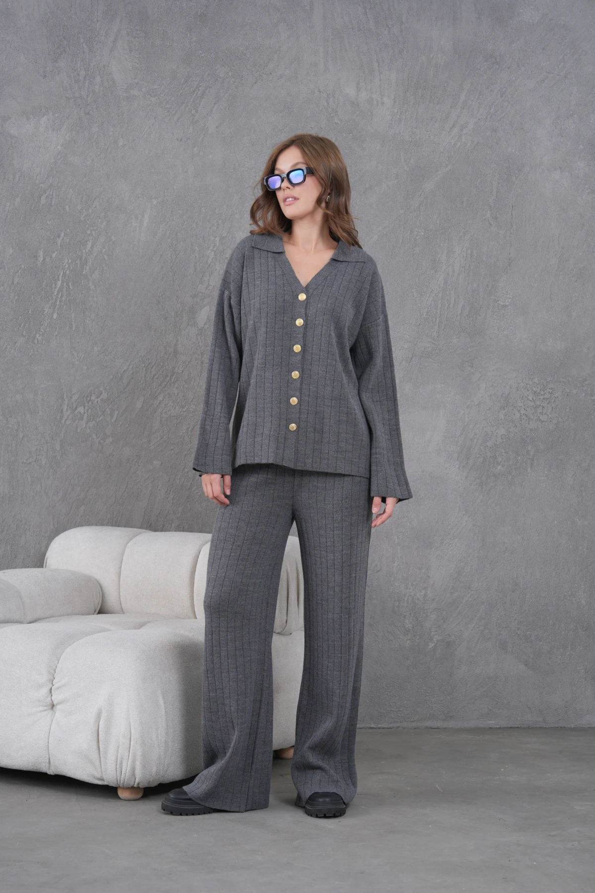 Kadın Antrasit Kendinden Dokulu Düğmeli Kazak Pantolon Triko Alt-Üst Takım