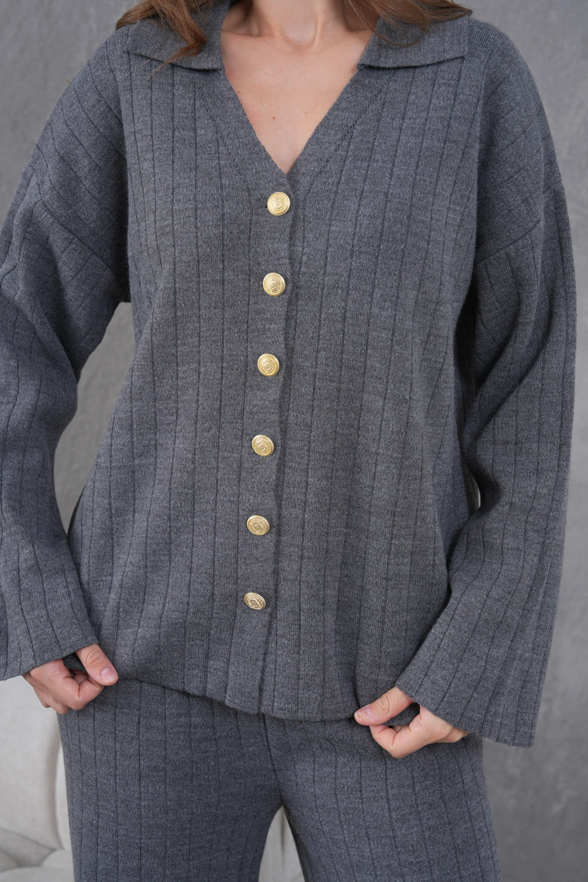 Kadın Antrasit Kendinden Dokulu Düğmeli Kazak Pantolon Triko Alt-Üst Takım