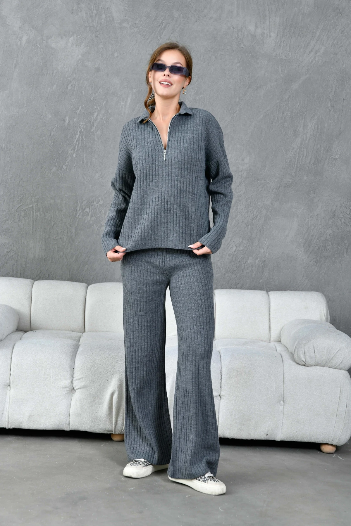 Kadın Antrasit Polo Yaka Oversize Kazak Pantolon Triko Alt-Üst Takım