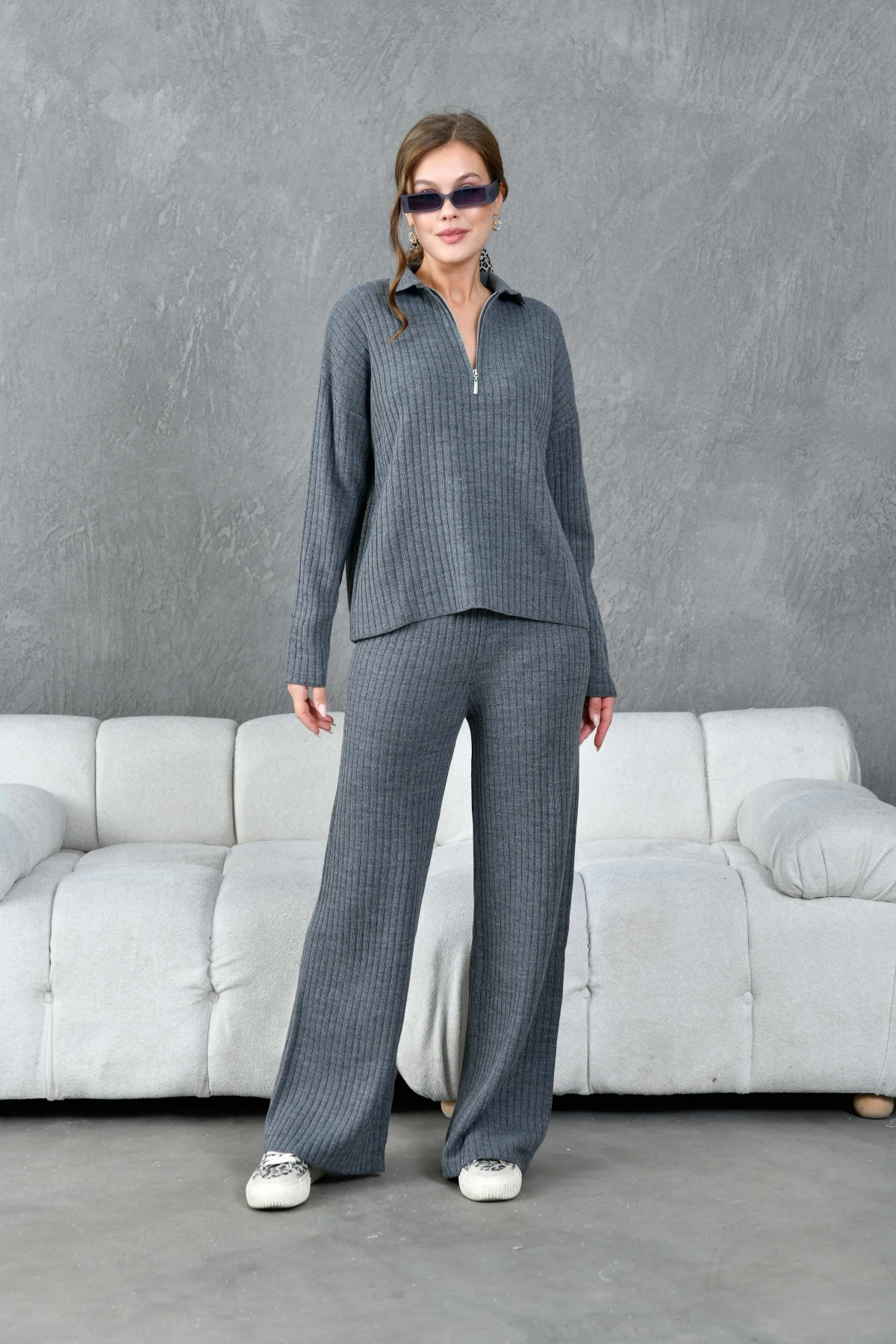 Kadın Antrasit Polo Yaka Oversize Kazak Pantolon Triko Alt-Üst Takım