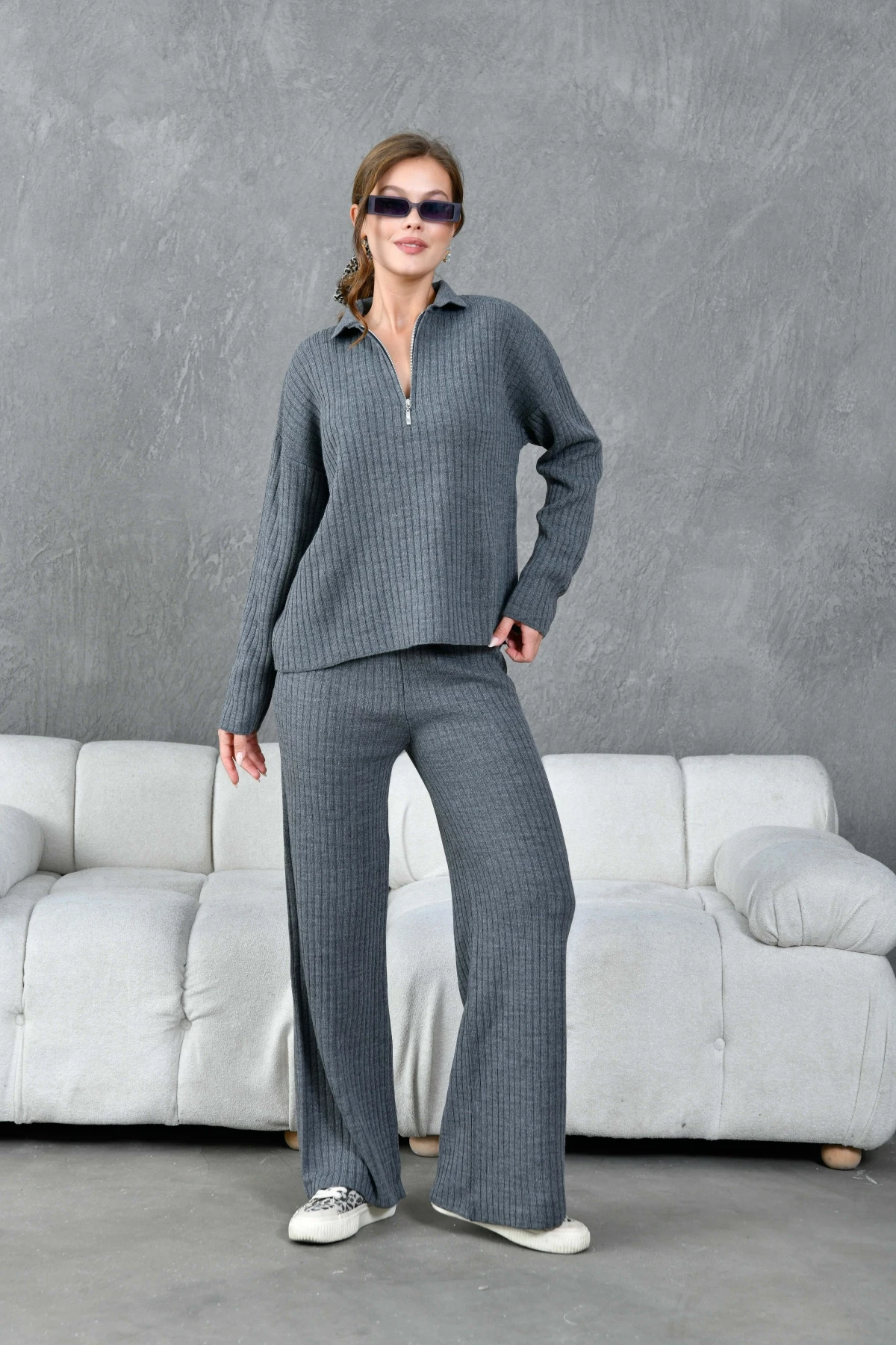 Kadın Antrasit Polo Yaka Oversize Kazak Pantolon Triko Alt-Üst Takım