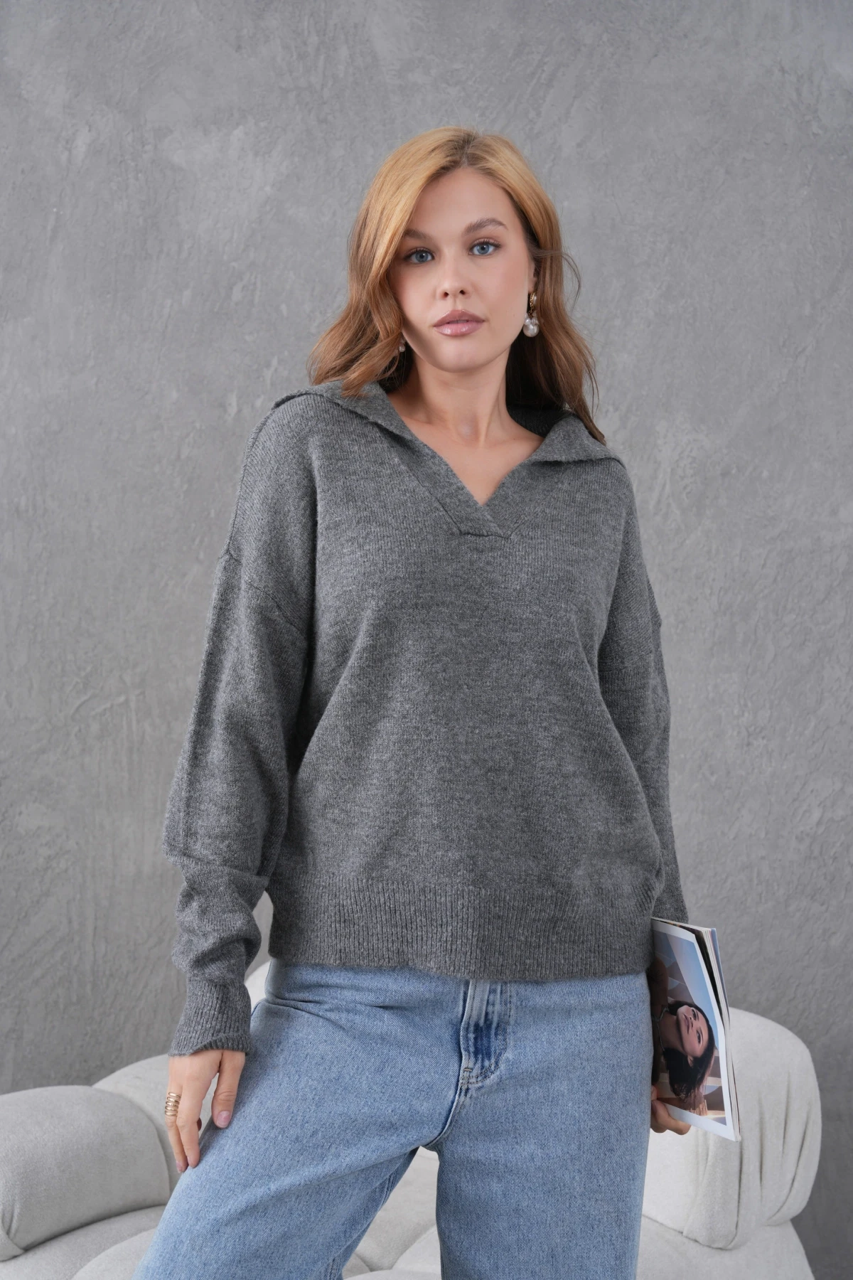 Kadın Antrasit Polo Yaka Oversize Yarım Pat Yumuşak Dokulu Triko Kazak