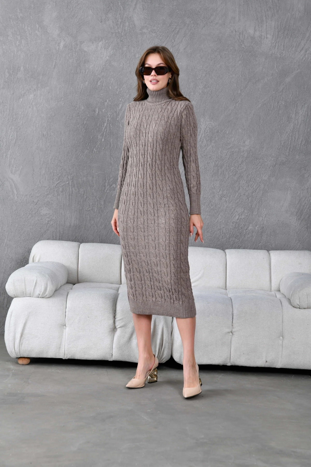 Kadın Balıkçı Yaka Örgü Detay Kışlık Triko Kelbise