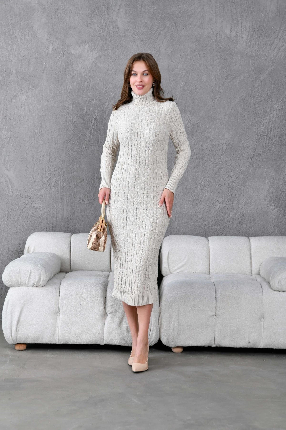 Kadın Balıkçı Yaka Örgü Detay Kışlık Triko Kelbise