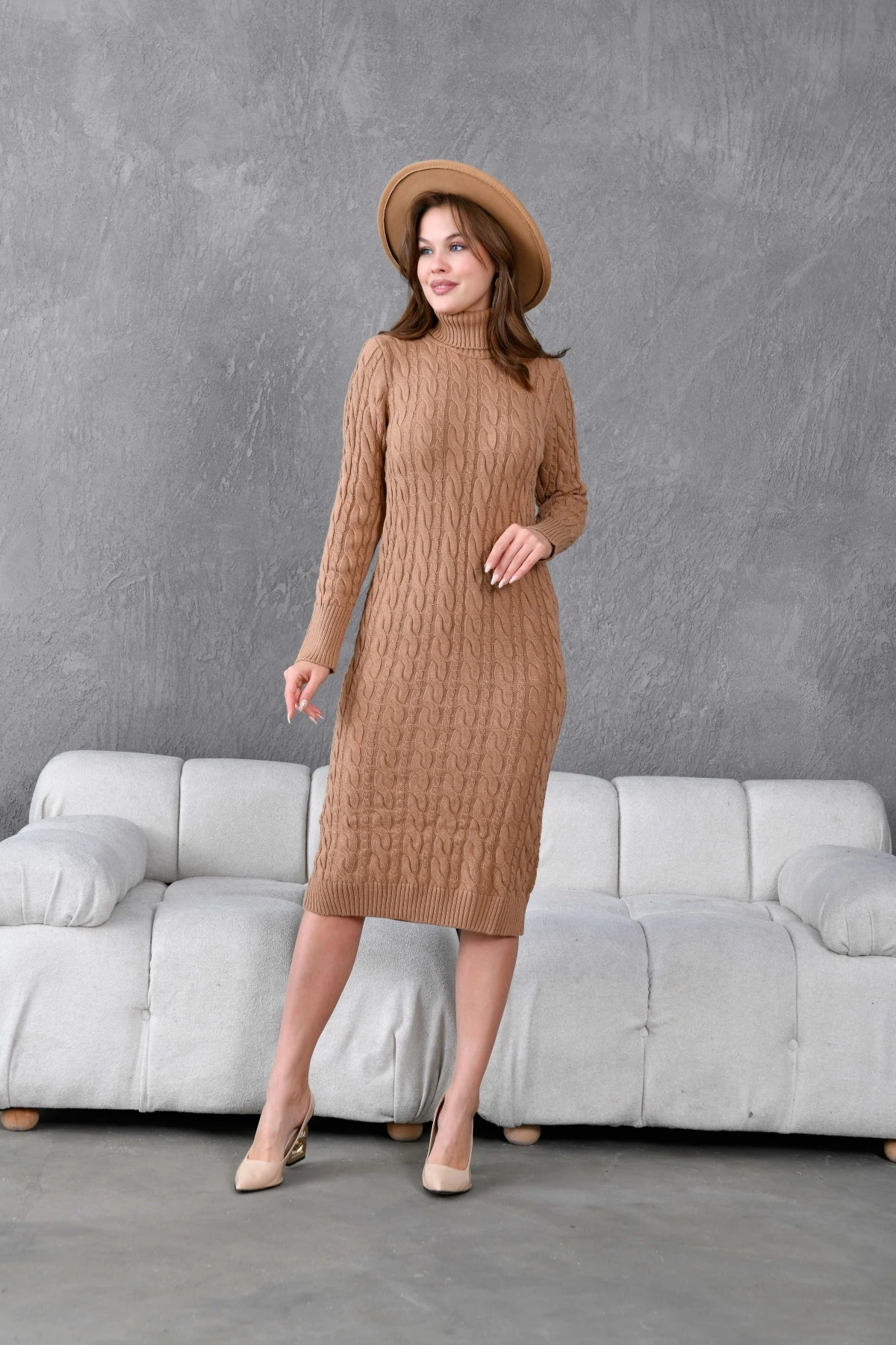 Kadın Balıkçı Yaka Örgü Detay Kışlık Triko Kelbise