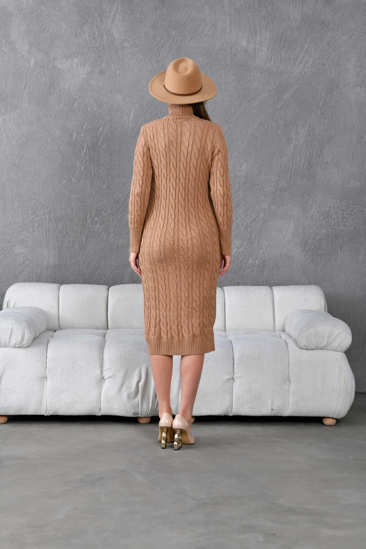 Kadın Balıkçı Yaka Örgü Detay Kışlık Triko Kelbise