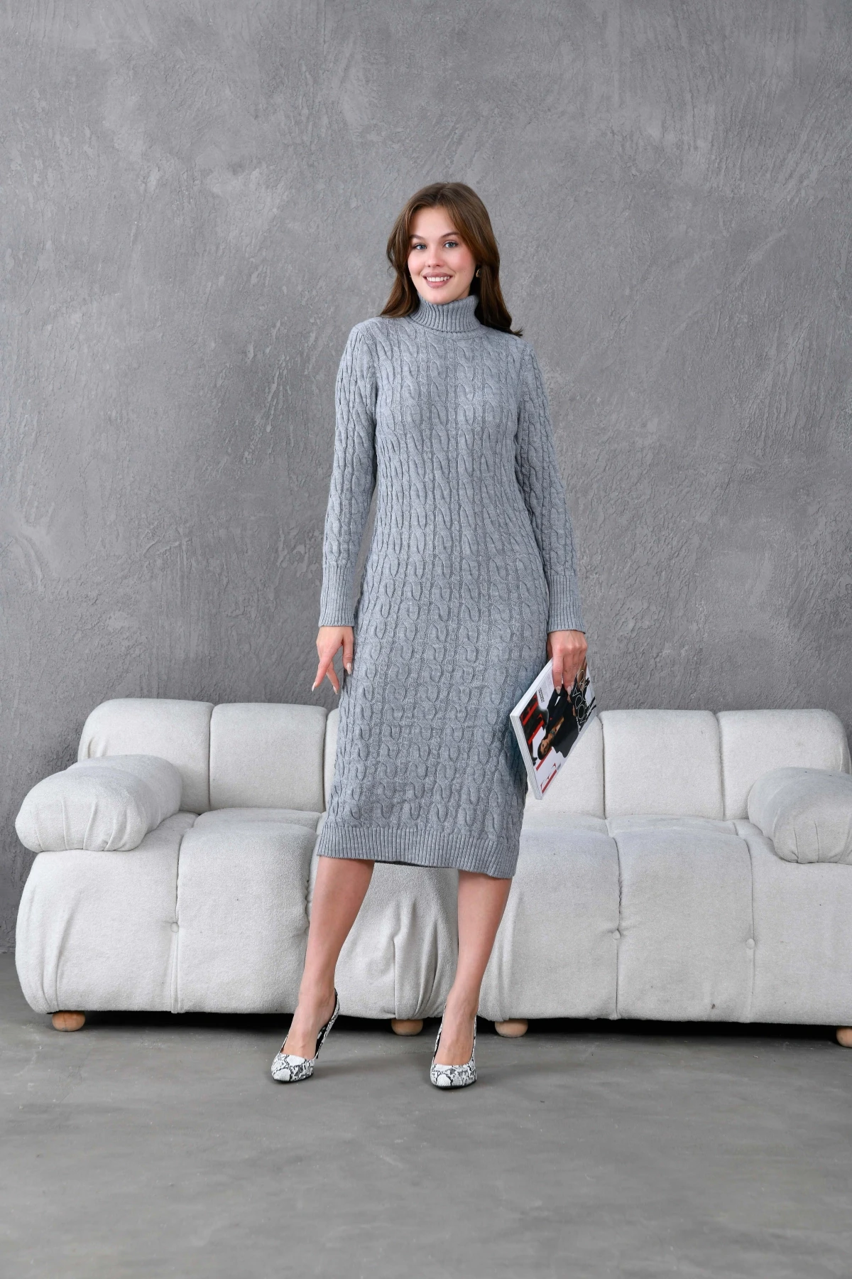 Kadın Balıkçı Yaka Örgü Detay Kışlık Triko Kelbise