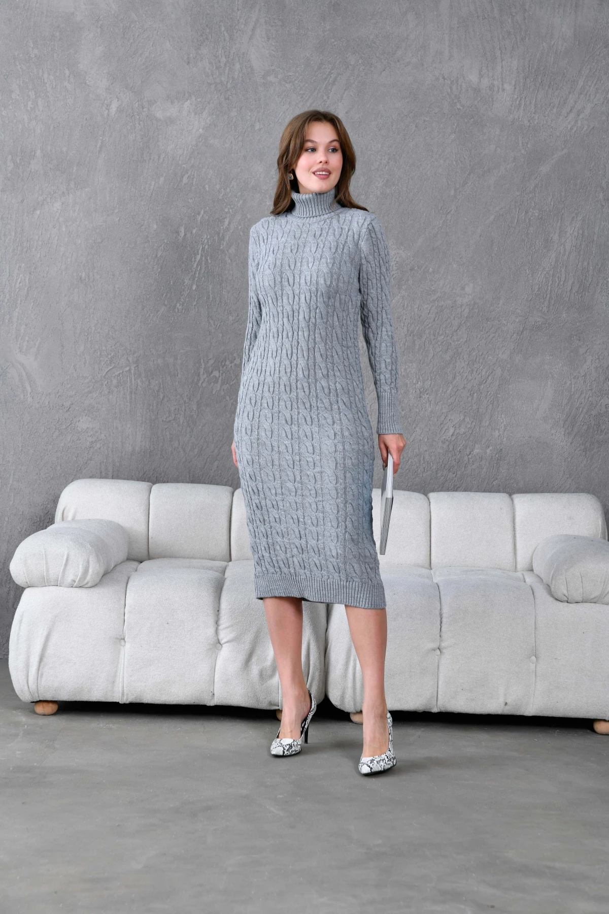 Kadın Balıkçı Yaka Örgü Detay Kışlık Triko Kelbise