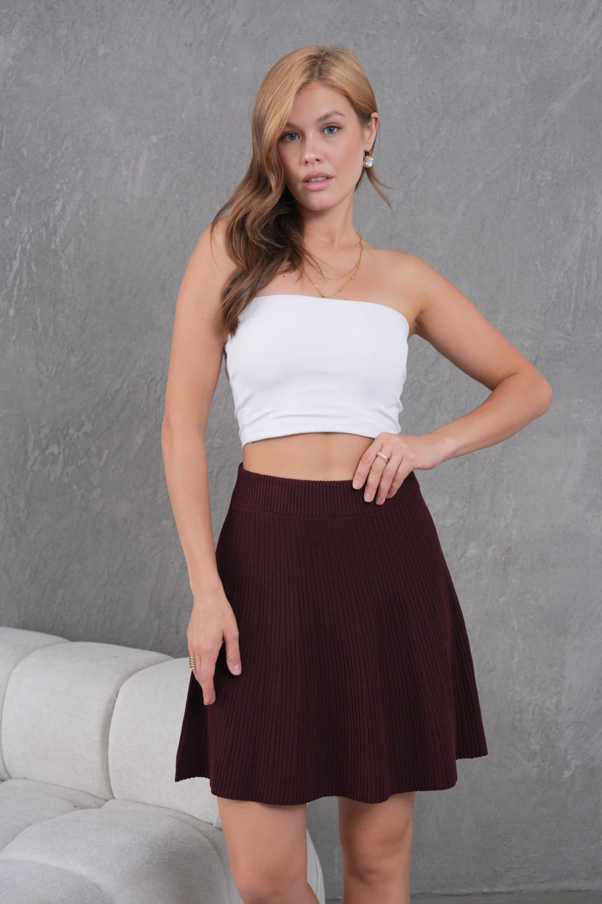 Kadın Beli Ribanalı Kısa Triko Etek