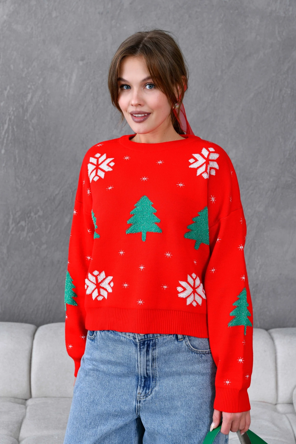 Kadın Bisiklet Yaka Desenli Simli Salaş Triko Kazak