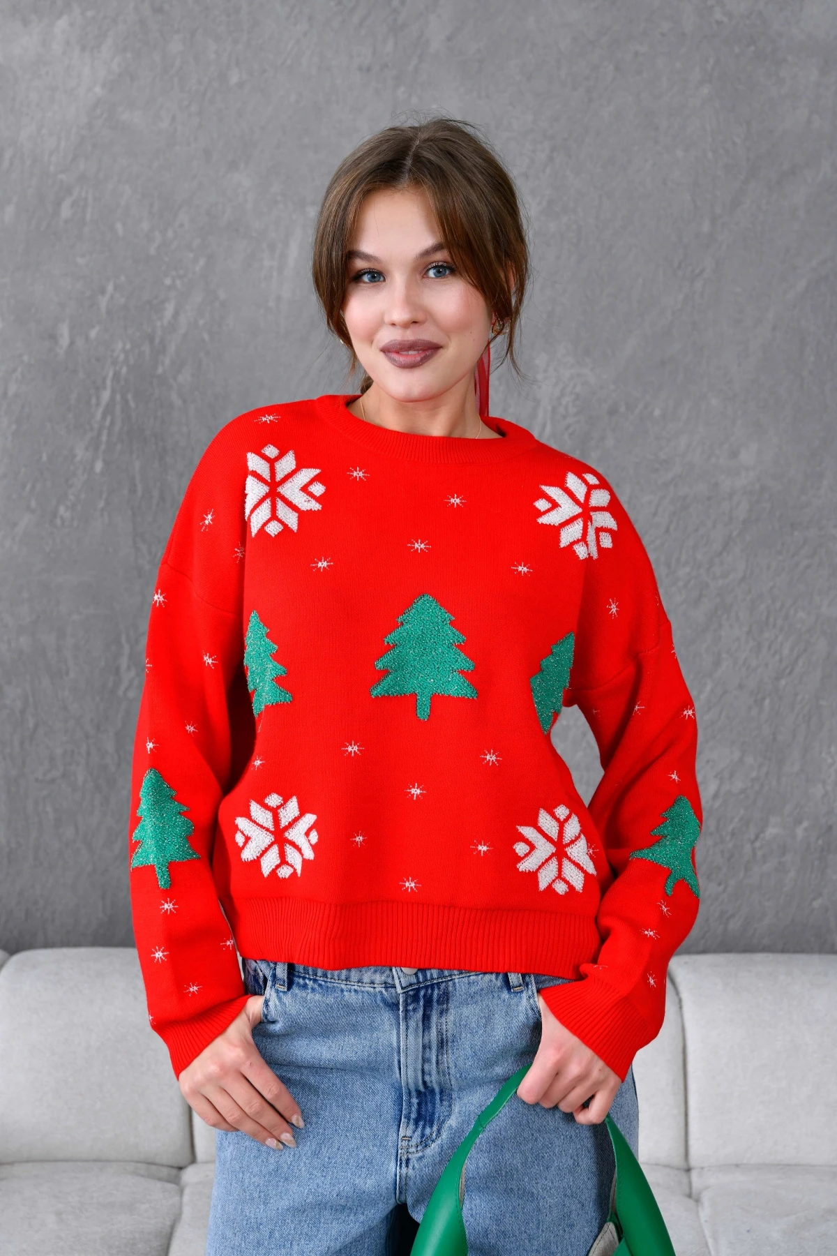 Kadın Bisiklet Yaka Desenli Simli Salaş Triko Kazak