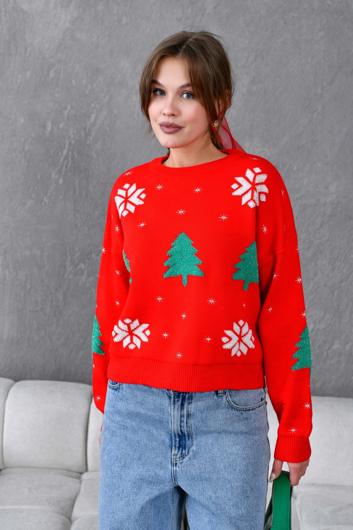 Kadın Bisiklet Yaka Desenli Simli Salaş Triko Kazak