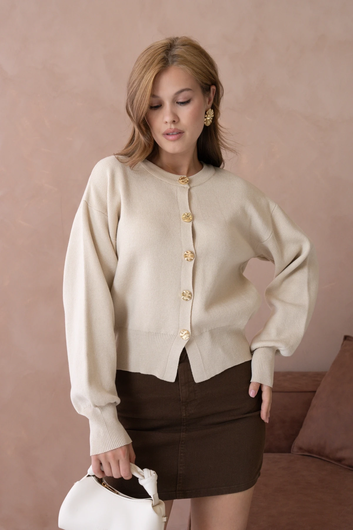 Kadın Bisiklet Yaka Düğme Detaylı Triko Hırka