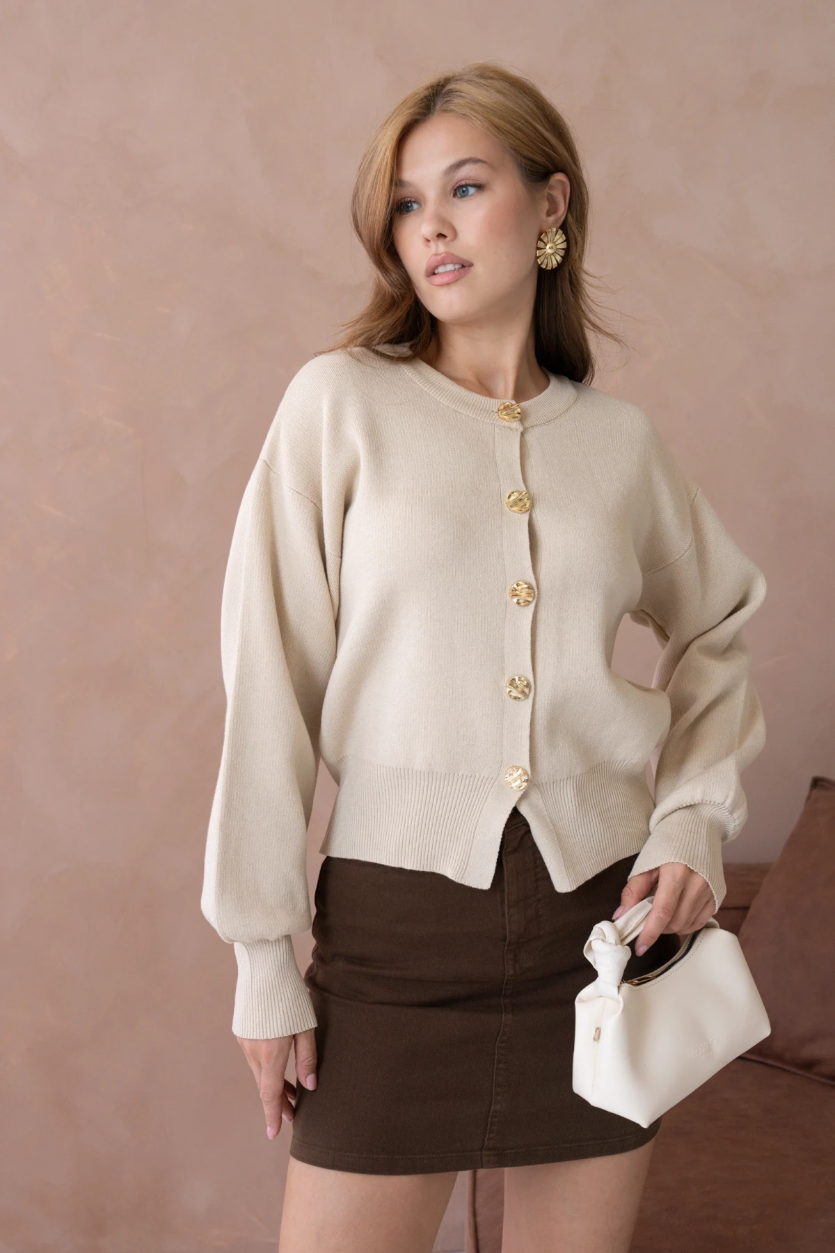 Kadın Bisiklet Yaka Düğme Detaylı Triko Hırka