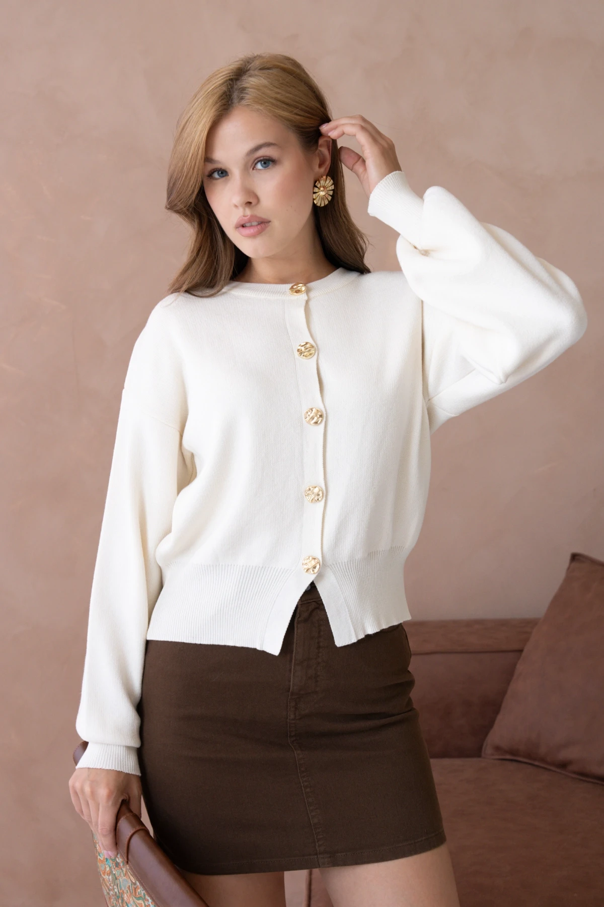 Kadın Bisiklet Yaka Düğme Detaylı Triko Hırka