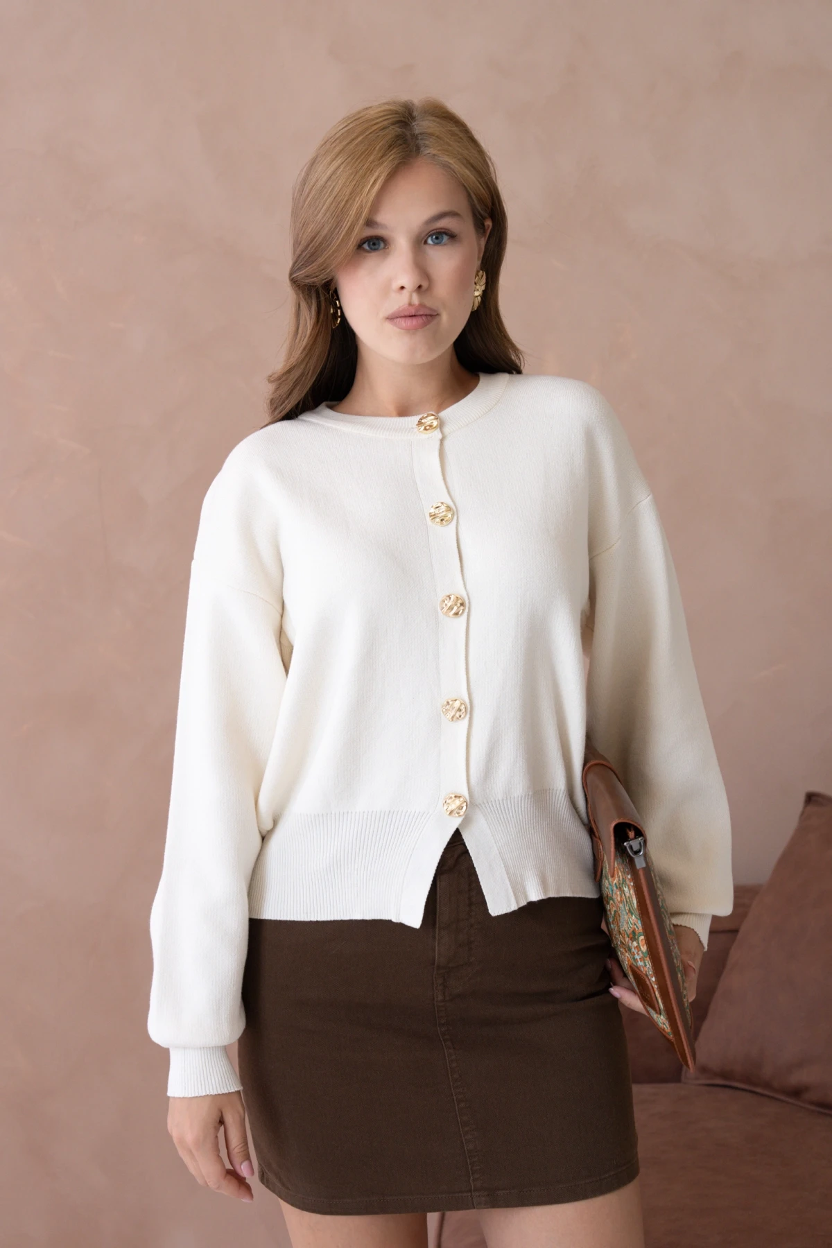 Kadın Bisiklet Yaka Düğme Detaylı Triko Hırka