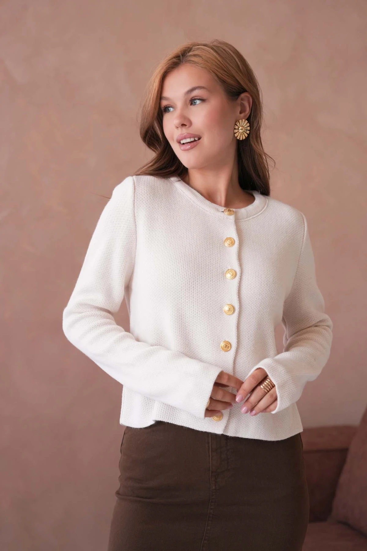 Kadın Bisiklet Yaka Düğme Detaylı Triko Hırka