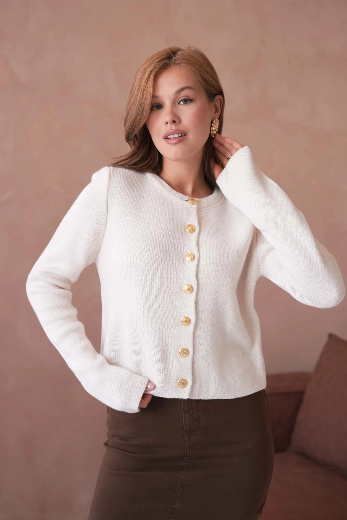 Kadın Bisiklet Yaka Düğme Detaylı Triko Hırka