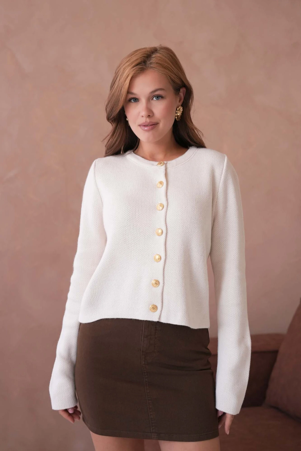 Kadın Bisiklet Yaka Düğme Detaylı Triko Hırka