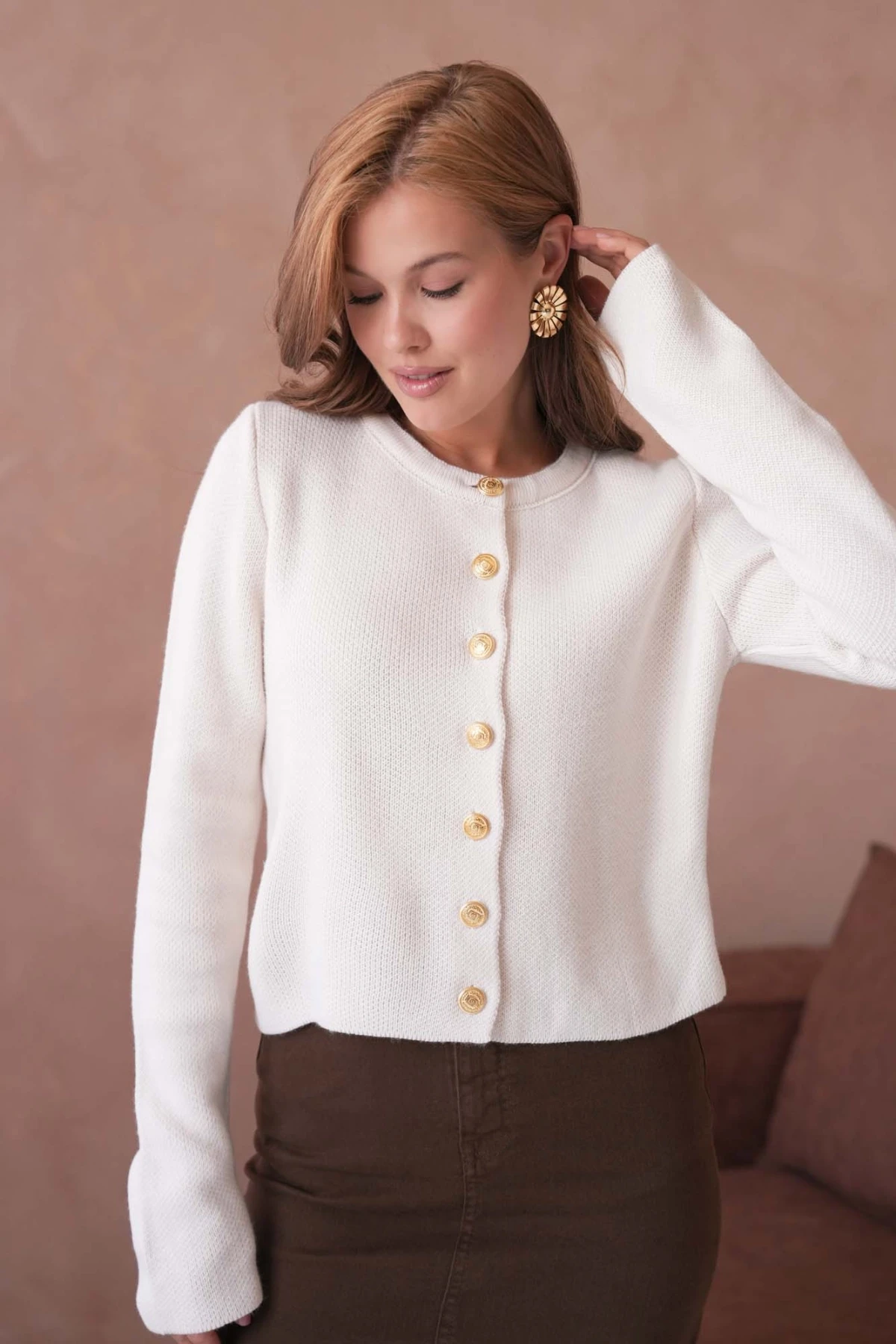 Kadın Bisiklet Yaka Düğme Detaylı Triko Hırka