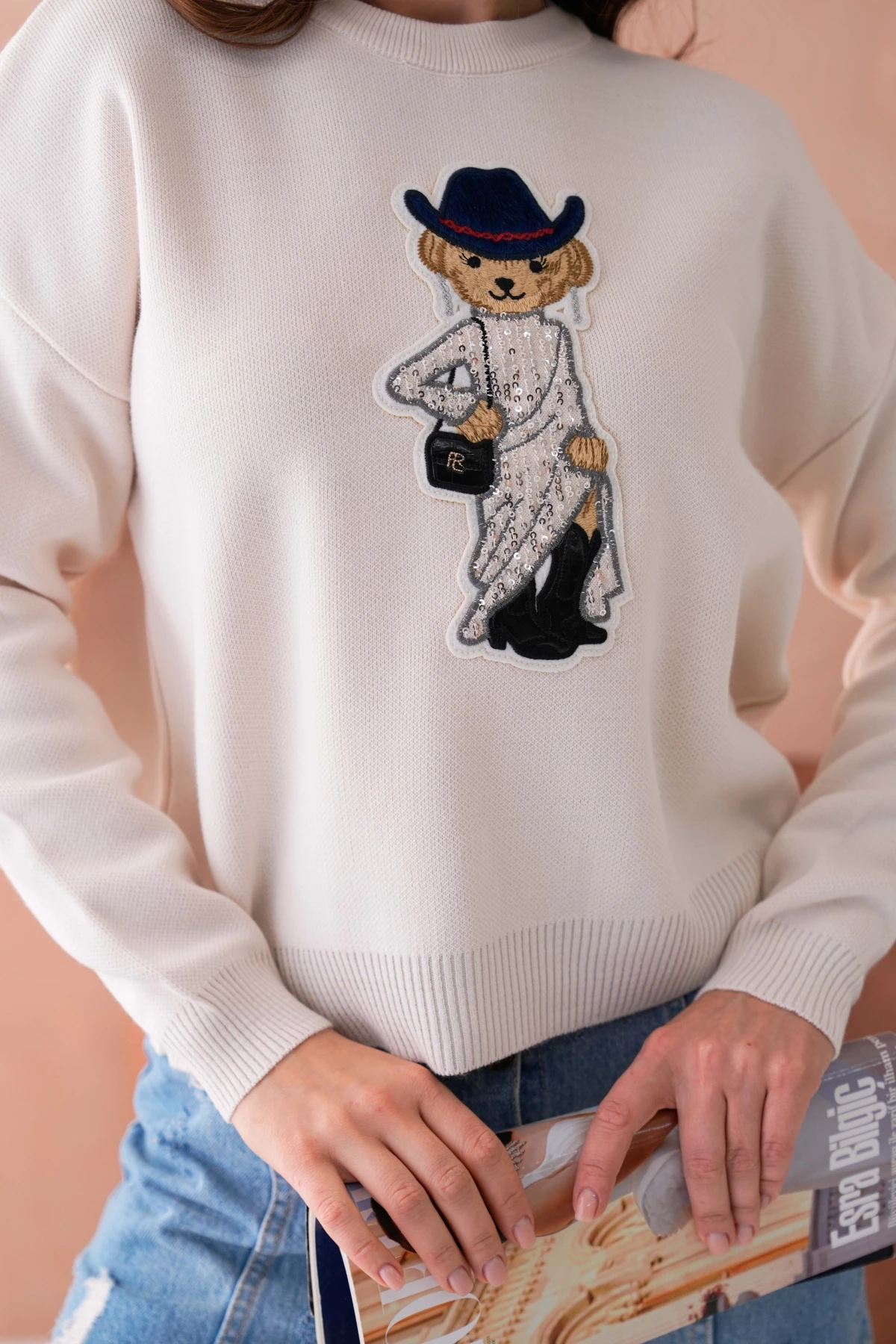 Kadın Bisiklet Yaka Nakış Deaty Triko Kazak