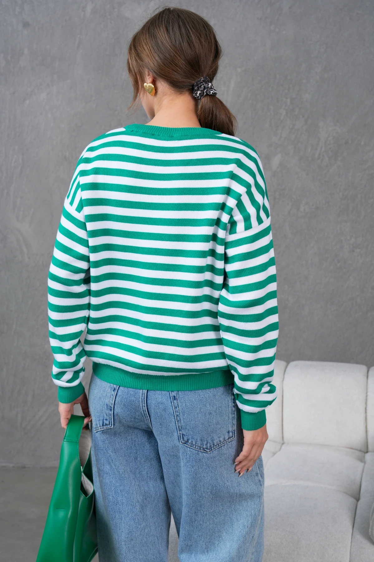 Kadın Bisiklet Yaka Nakış Detay Çizgili Oversize Triko Kazak