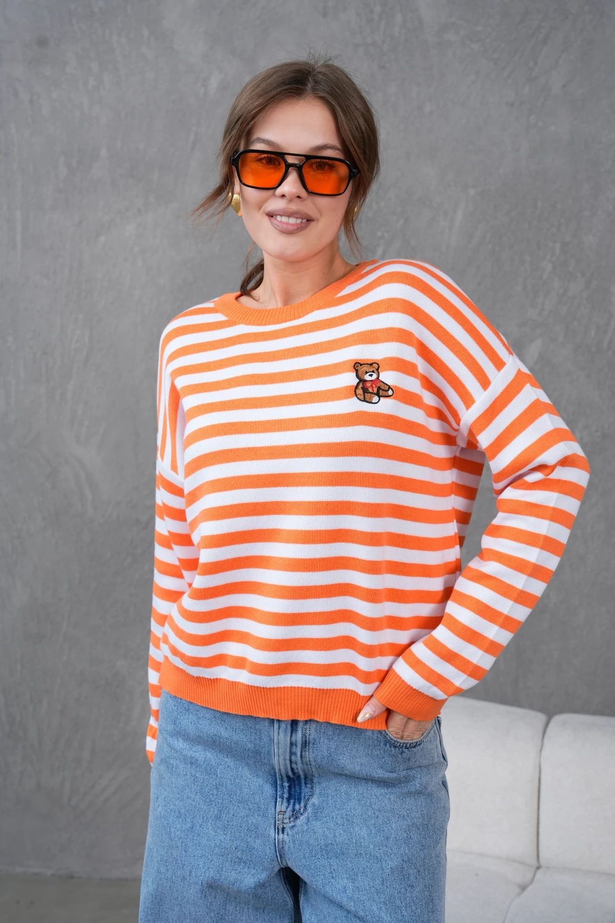 Kadın Bisiklet Yaka Nakış Detay Çizgili Oversize Triko Kazak