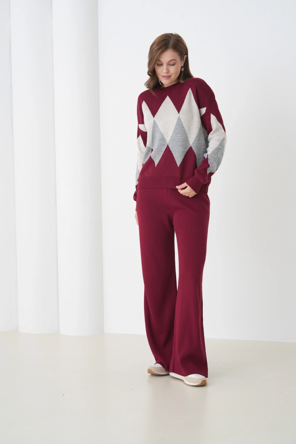 Kadın Bordo Bisiklet Yaka Baklava Desenli Kazak Pantolon Triko Alt-Üst Takım