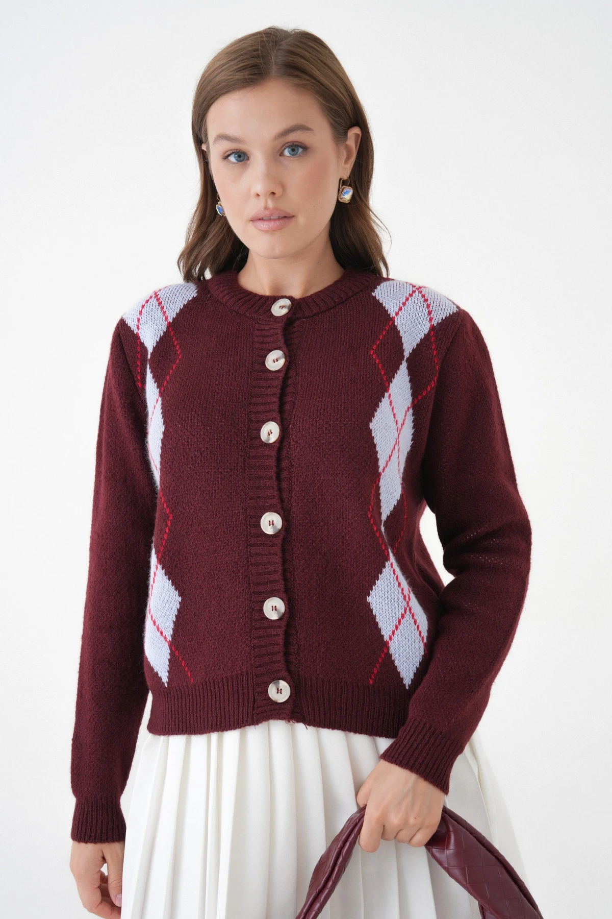 Kadın Bordo Bisiklet Yaka Düğme Detay Desenli Triko Hırka