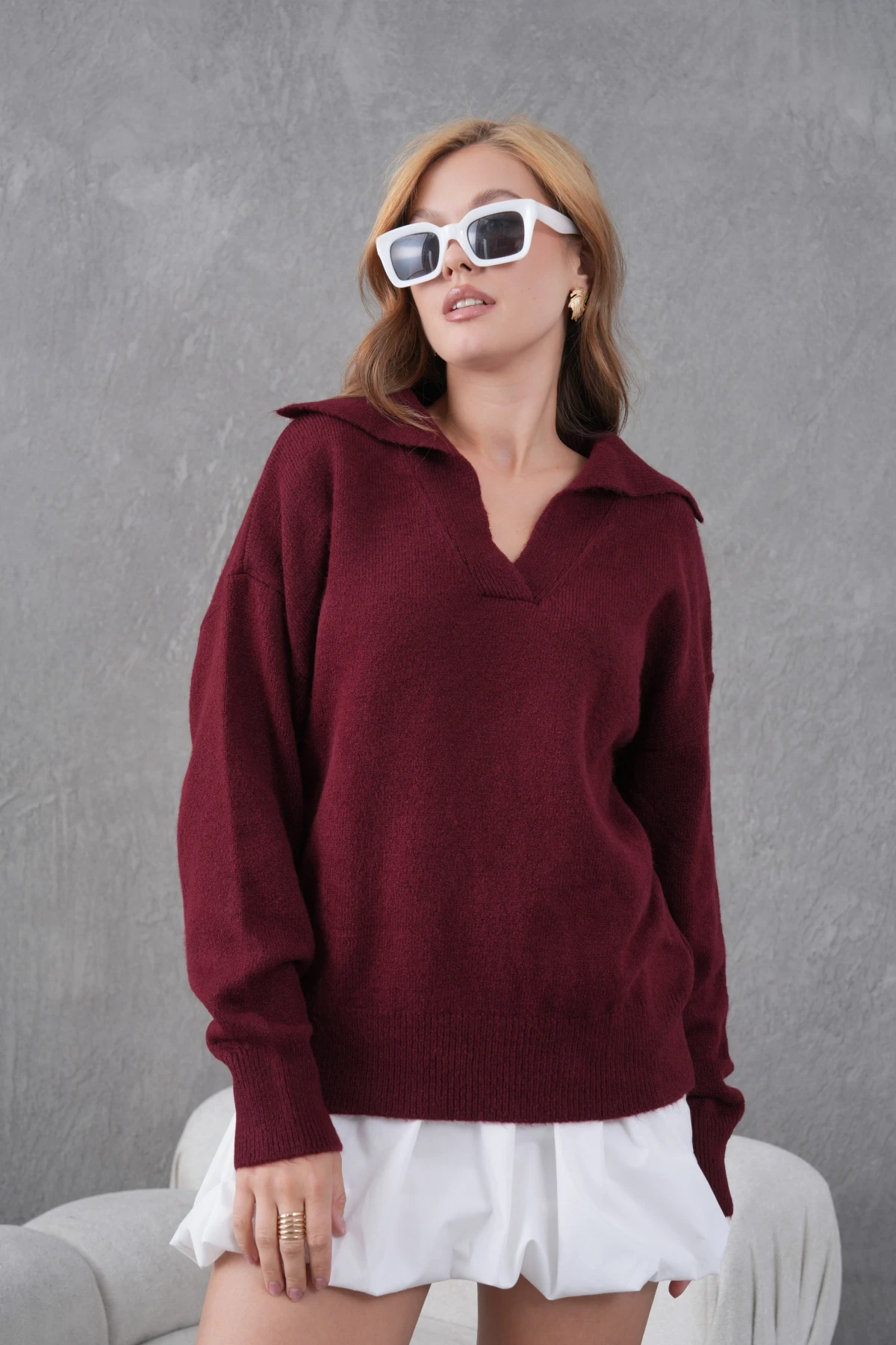 Kadın Bordo Polo Yaka Oversize Yarım Pat Yumuşak Dokulu Triko Kazak