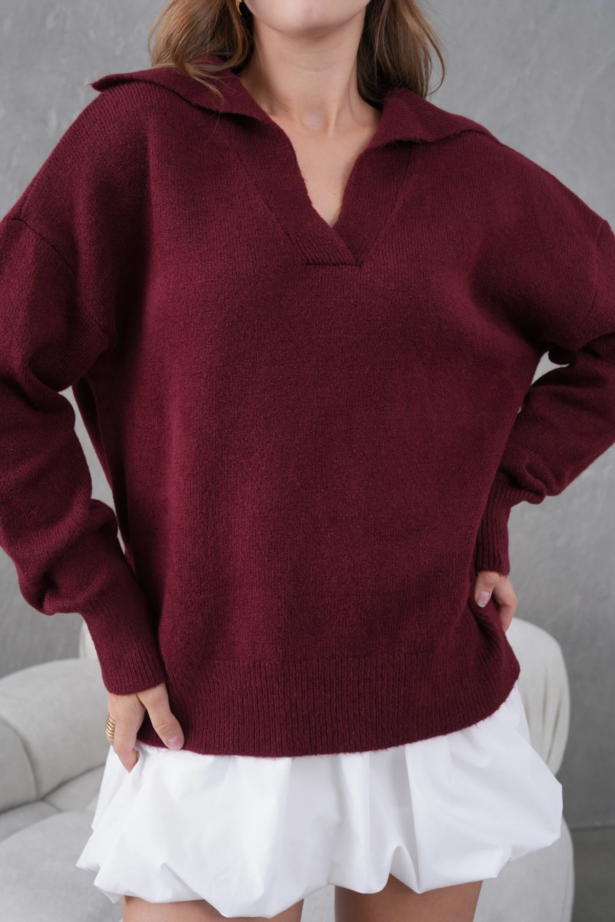 Kadın Bordo Polo Yaka Oversize Yarım Pat Yumuşak Dokulu Triko Kazak