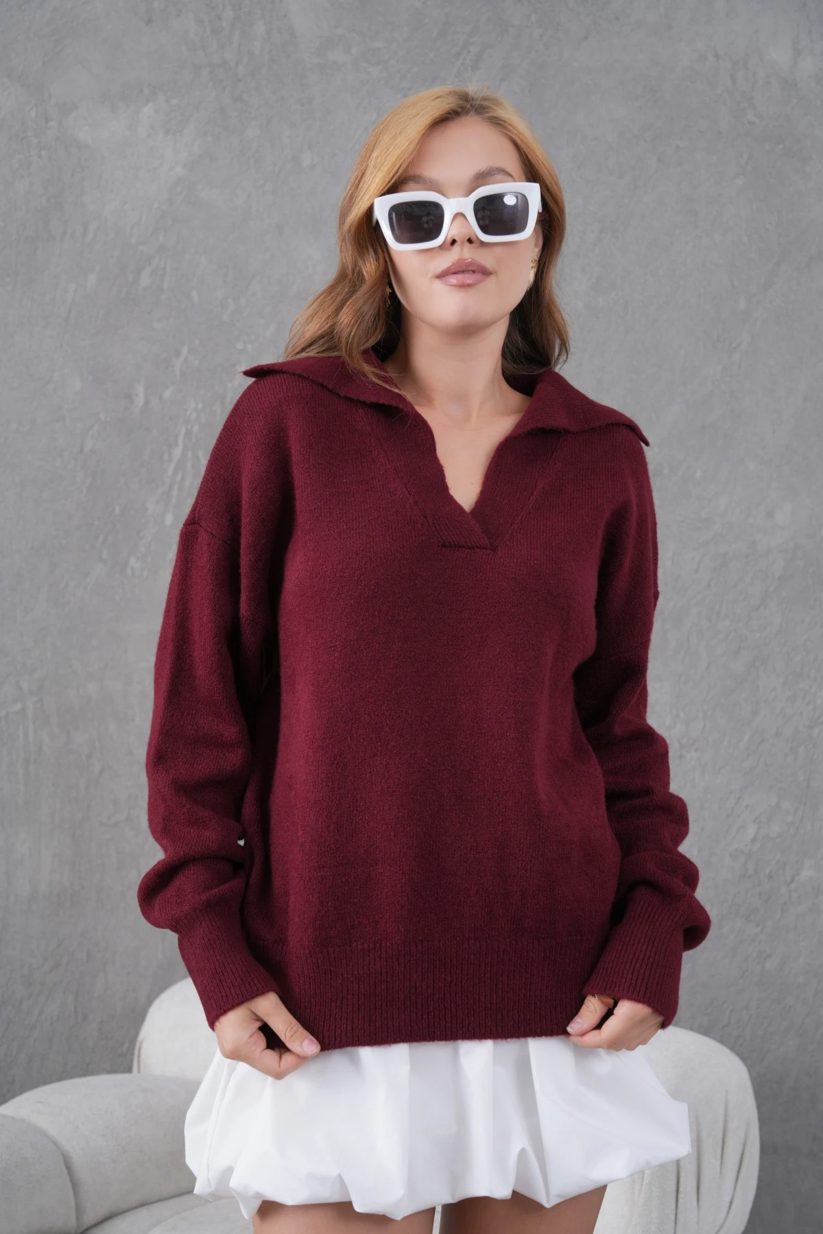 Kadın Bordo Polo Yaka Oversize Yarım Pat Yumuşak Dokulu Triko Kazak