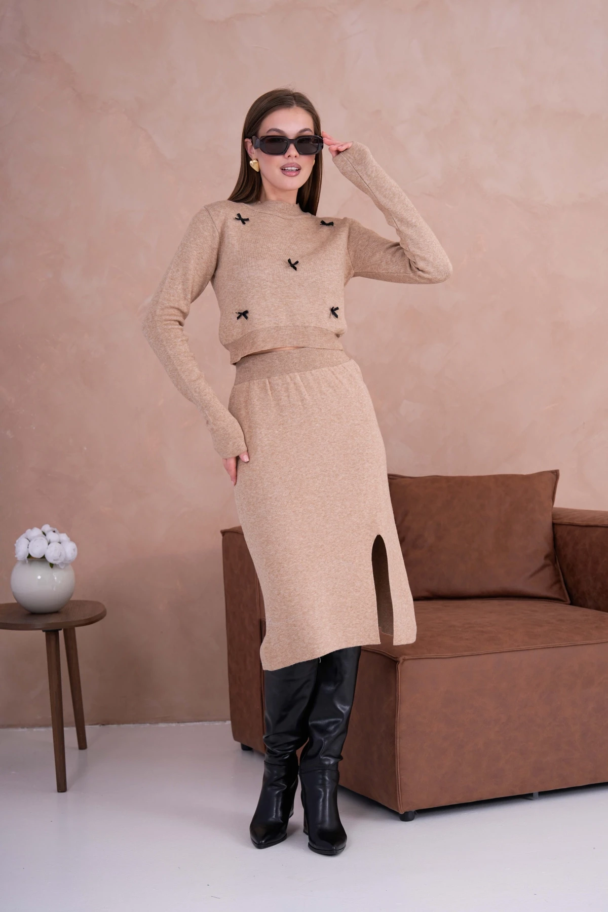 Kadın Dik Yaka Crop Kazak-Bel Lastikli Etek İkili Triko Takım