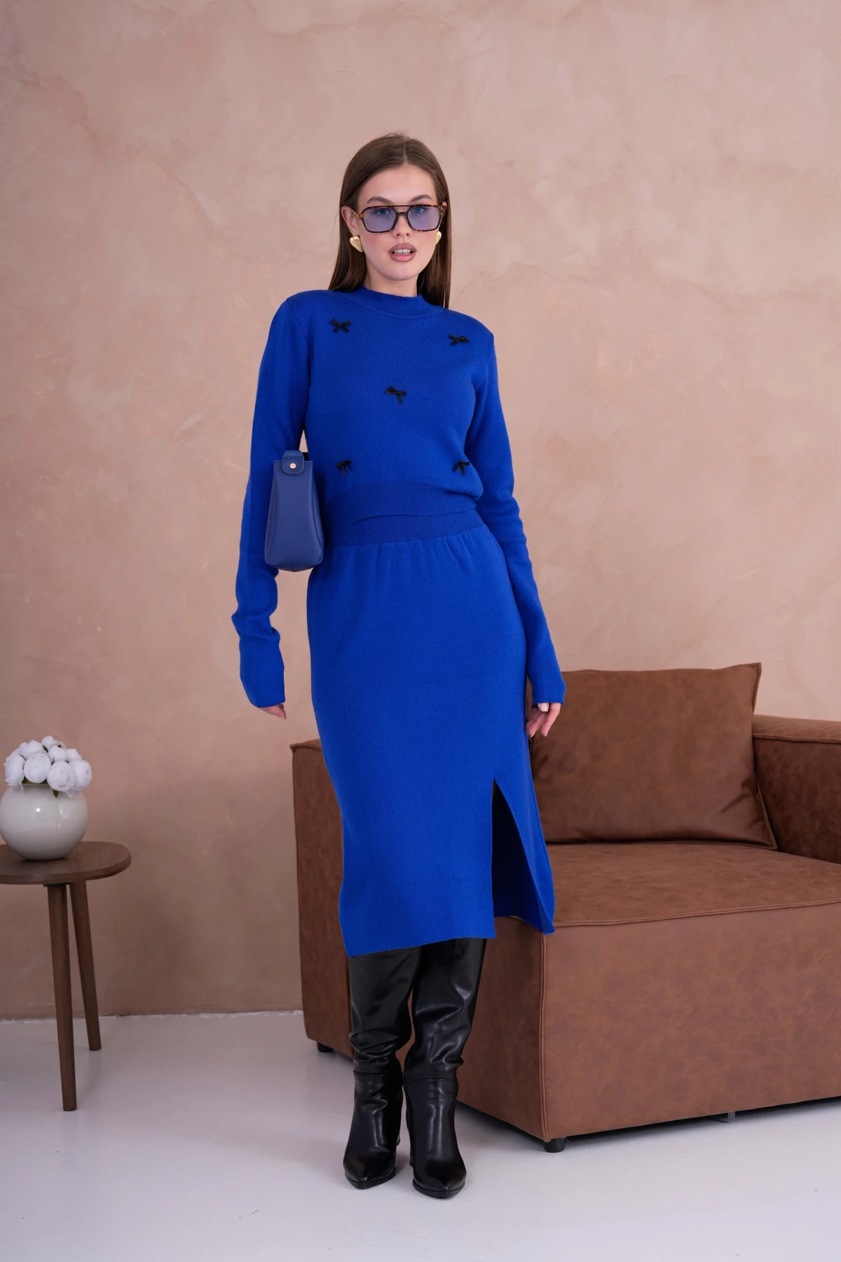 Kadın Dik Yaka Crop Kazak-Bel Lastikli Etek İkili Triko Takım